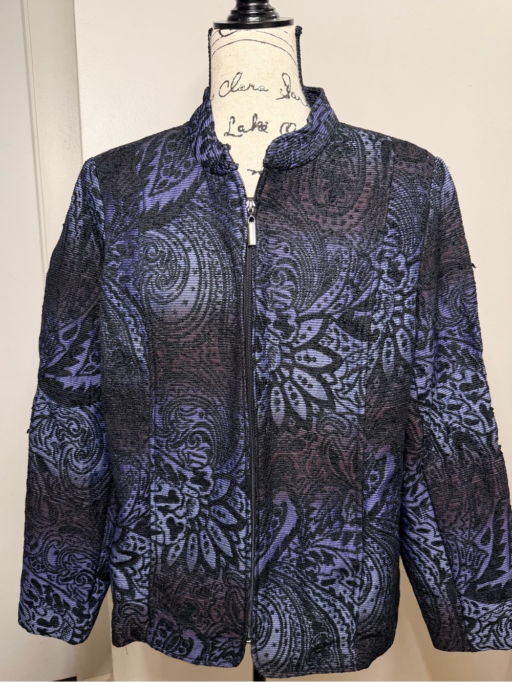 Susan Graver L Black Purple Textured Paisley Zip Jacket Art to Wear Witchy